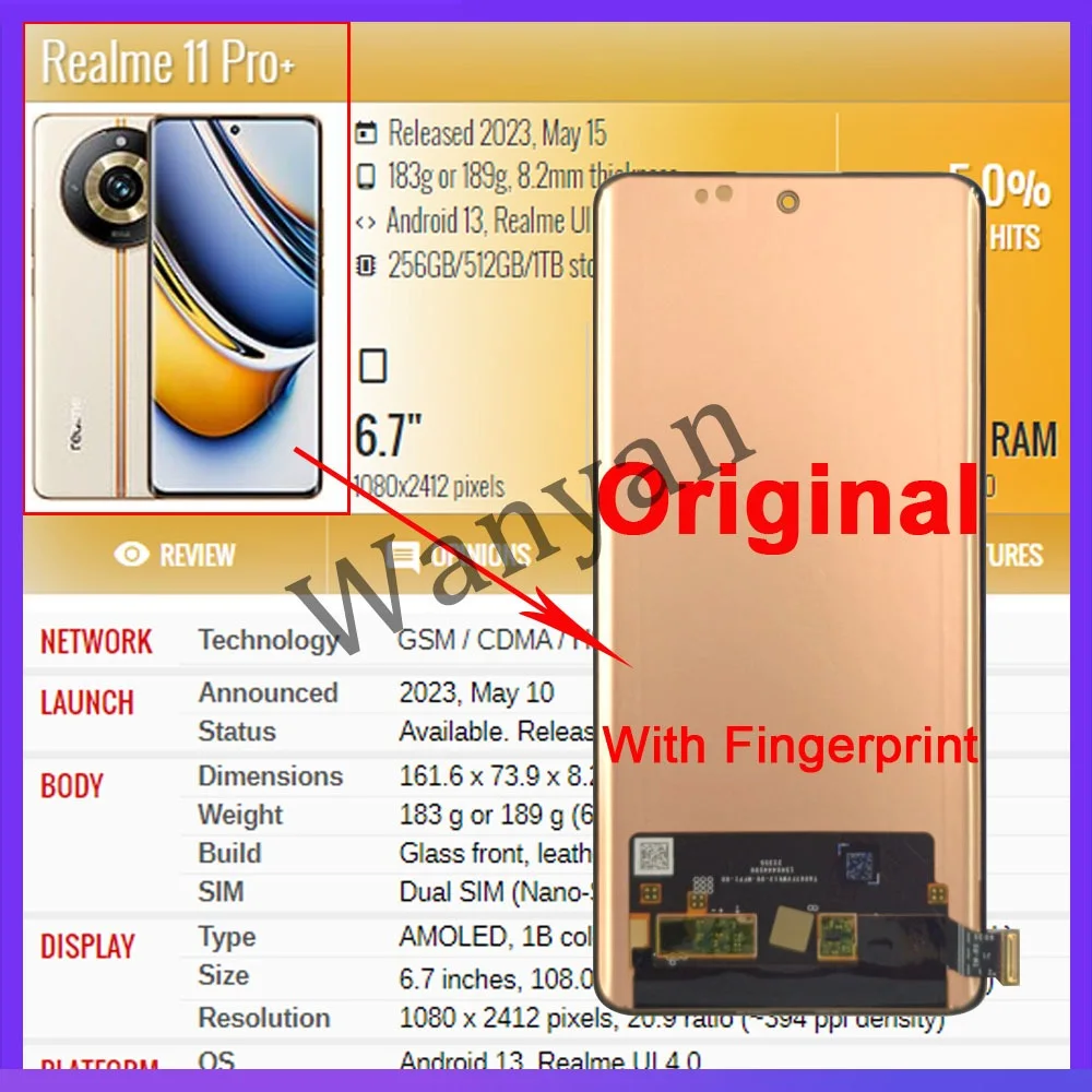 Realme 11 Pro Plus Çıtalı Ekran Dokunmatik Gold SOFT OLED Kalite Ekran