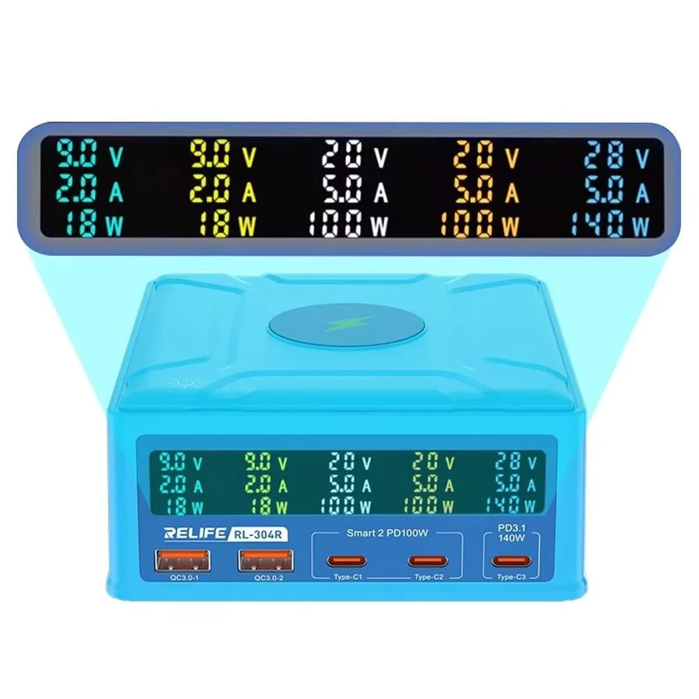 Relife RL-304R Çok Portlu Dijital Ekranlı Kablosuz Şarjlı 260W USB Hızlı Şarj İstasyonu